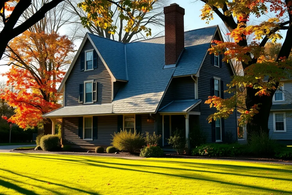 An old timber-frame house with a steep grey shingle roof and a large brick chimney under autumn trees.