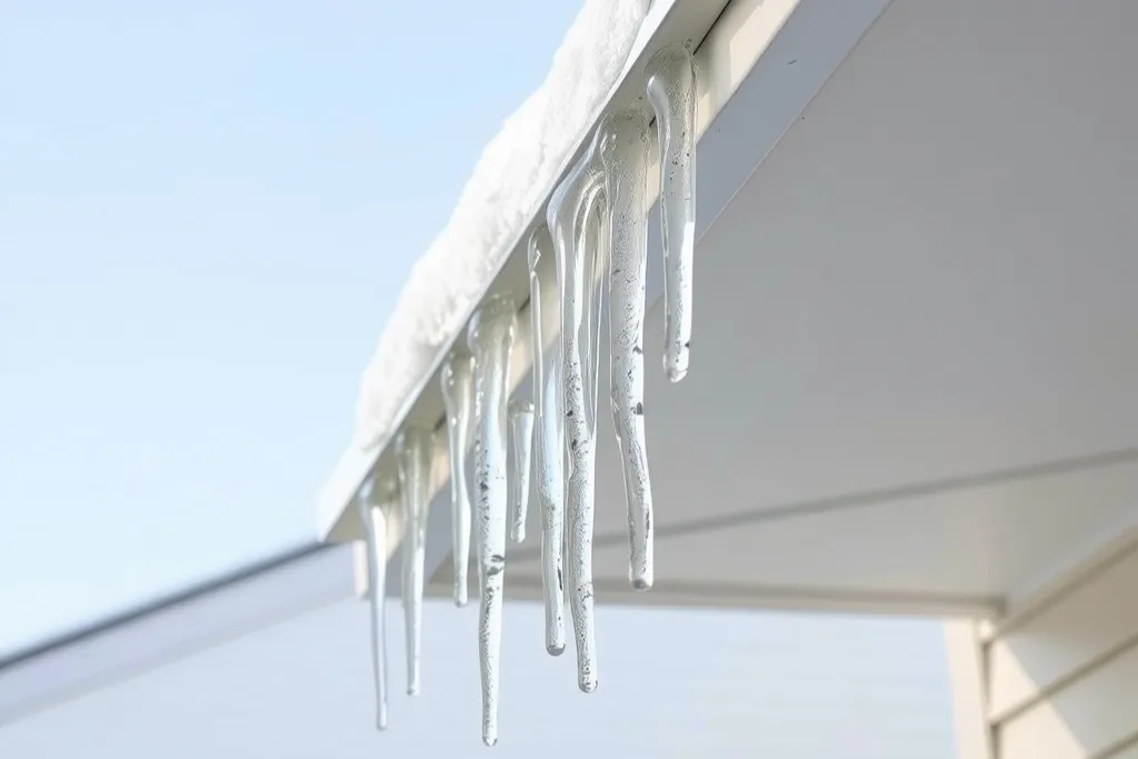 A ridge of ice and long icicles along the roof edge in front of white clapboard in winter.